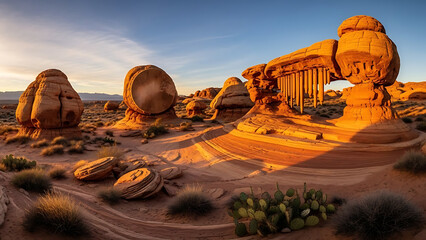 Unique rock formations bathed in the warm glow of sunset