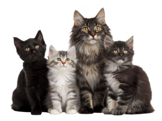 Adorable fluffy kittens of varying coat colors and patterns, including black, grey tabby, and silver, are closely grouped together and gazing forward with, isolated on transparent background.