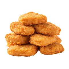 Golden-brown, crispy, and irregularly-shaped breaded chicken nuggets are stacked haphazardly in a small pile, exhibiting a textured surface with visible, isolated on transparent background.