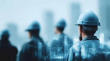 Construction professionals observe futuristic digital skyline overlay during urban development planning.