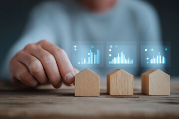 Hand evaluates wooden houses while holographic charts display comparative property performance.