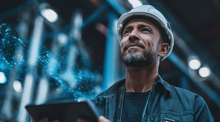 Experienced industrial supervisor reviews digital analytics tablet against illuminated processing plant.