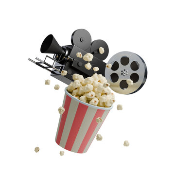 3d render of a vintage movie camera, film reel, and a bucket of popcorn with several popcorns spreading around 