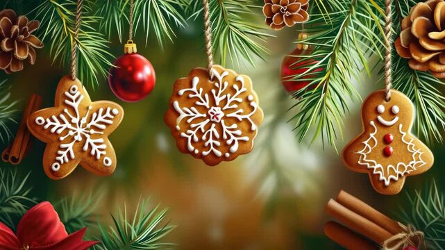 A collection of Christmas themed cookie decorations on a pine tree branch.