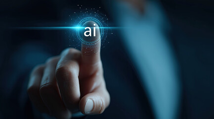 Businessman activates luminous artificial intelligence interface by pressing virtual circular button.