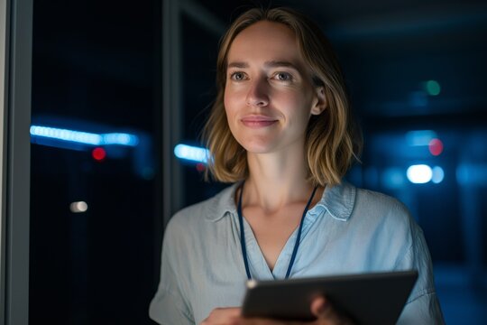 Woman in server room holding tablet - Powered by Adobe