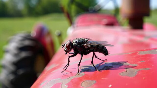 Fly resting on red tractor hood, field in background, sunny macro. For agriculture and nature