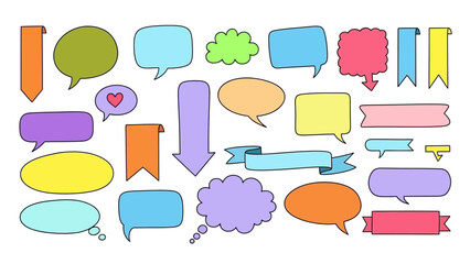 A colorful collection of speech bubbles, banners, and arrows in pastel shades, perfect for creative design and conversation elements