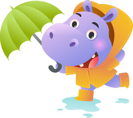 A cute cartoon hippopotamus wearing a yellow raincoat and hat, holding a green umbrella, walking happily in the rain.