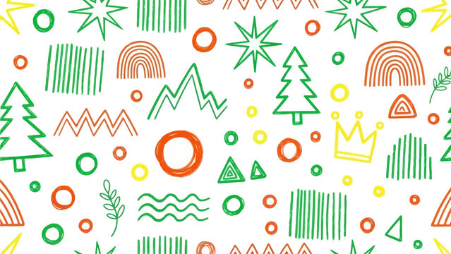 Playful colorful doodle pattern with trees, stars, rainbows, crowns and simple abstract shapes on a bright white background
