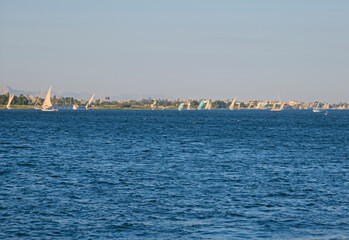 Traditional Egyptian felluca river sailing boats sailing on the Nile in landscape with West Bank in the background
