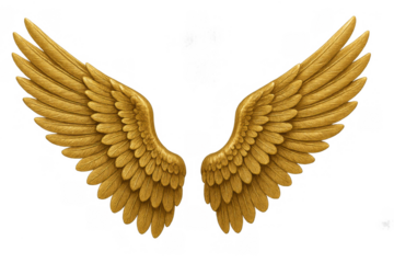 Golden feathered wings symbolizing freedom, divinity, and mythological concepts on transparent background