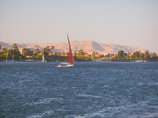 Traditional Egyptian felluca river sailing boats sailing on the Nile in landscape with West Bank in the background