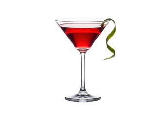 macro close-up of an elegant martini glass with chilled ruby cocktail and green lime zest twist, reflected on a high-key transparent background. concept for luxury beverage advertising