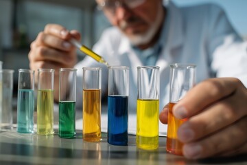 Scientist conducting colorful chemical experiment