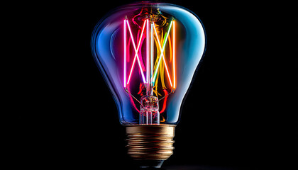 Colorful Neon Light Bulb with Rainbow Glow Creative Energy and Innovation Concept on Black