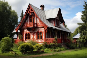 Charming red cottage showcasing intricate woodwork and traditional design elements, nestled in a serene landscape