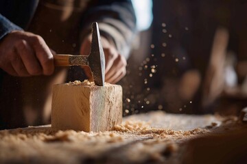carpenter hammering wooden block with hammer in workshop