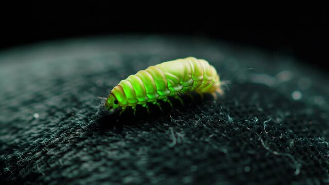 Illuminated caterpillar crawling on dark fabric, insect macro, detailed texture background. Use nature art