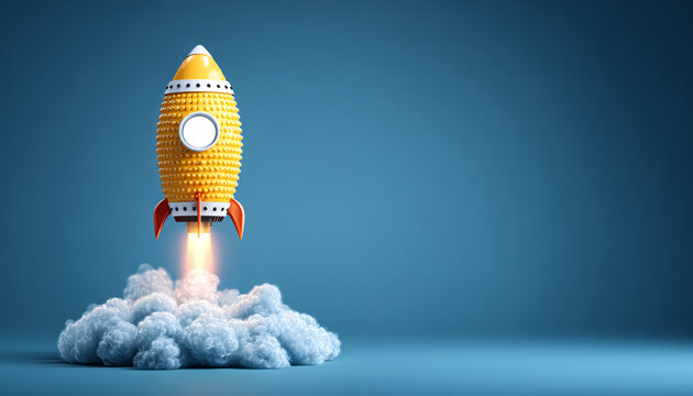 Cartoon Rocket Launching into Sky with Smoke Clouds on Blue Background 3D Illustration