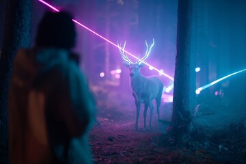 Neon antlered deer in mystical forest