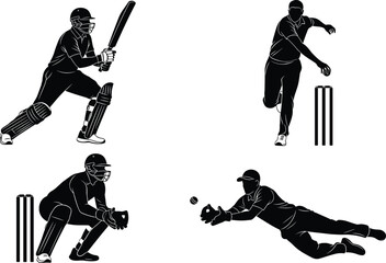 Cricket Players Silhouette Set Featuring Batsman Bowler Wicketkeeper and Fielder Action Poses Professional Sports Icons Isolated on Plain White Background © Parimal