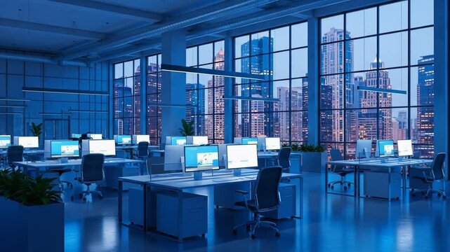 Modern Office: A contemporary office space, bathed in cool blue tones, showcases rows of computer workstations with a stunning cityscape backdrop, fostering an atmosphere of productivity.
