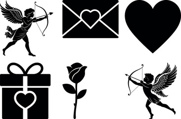 Valentine's Day Design Elements with Cupid, Rose, Love Letter and Gift Box Silhouettes Isolated on White