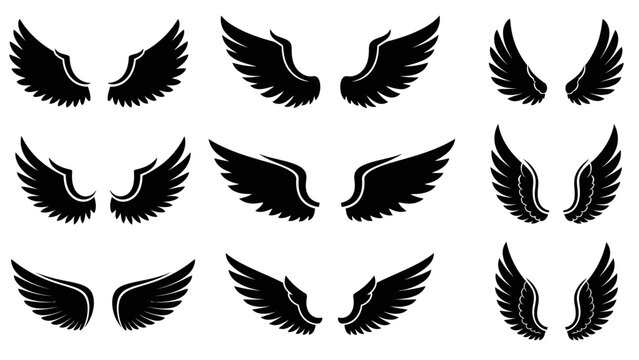 A set of nine different style wing illustrations in minimalist flat black style on a white background. Use these wings for graphic design projects.