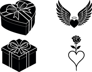 Elegant Valentine's Day Gift Boxes and Heart Symbols Silhouettes for Romantic Graphic Design