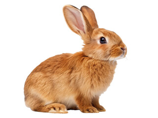 Obraz premium A charming, fluffy young European rabbit with warm brown fur and delicate pink inner ears is attentively sitting in a relaxed pose, illuminated by soft, diffused, isolated on transparent background.