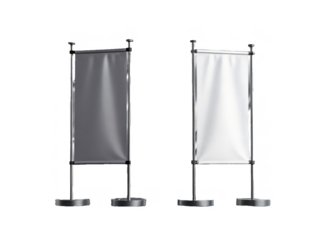 Sleek, polished chrome stanchions with rectangular white fabric banners are elegantly positioned on a reflective dark surface, dramatically lit against a flowing, isolated on transparent background.