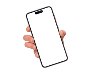 Close-up of a hand showing smartphone with a blank screen, isolated on transparent PNG. High quality studio shot. Concept for technology, business, finance, advertising and lifestyle themes.