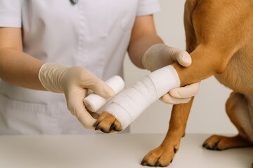 Veterinarian caring for a dog's injured paw with bandages in a clinical setting