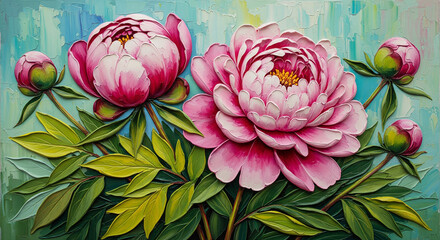 Oil Painting of Pink Peony Flowers and Buds 3D Floral Relief Mural wallpape, floral landscapes. 3d floral art, floral wallpaper, Luxurious textile tile wall art