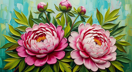Obraz premium Oil Painting of Pink Peony Flowers and Buds 3D Floral Relief Mural wallpape, floral landscapes. 3d floral art, floral wallpaper, Luxurious textile tile wall art