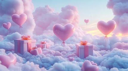 A Box flying on a parachute with pink cloud in valentine day,package flying down from sky and cloud with parachute, concept for delivery service,shopping online,air delivery service.