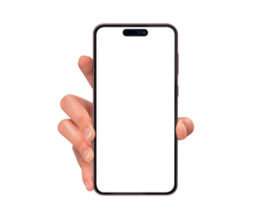 Close-up of a hand showing smartphone with a blank screen, isolated on transparent PNG. High quality studio shot. Concept for technology, business, finance, advertising and lifestyle themes.