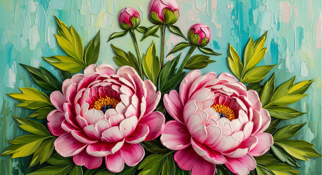 Oil Painting of Pink Peony Flowers and Buds 3D Floral Relief Mural wallpape, floral landscapes. 3d floral art, floral wallpaper, Luxurious textile tile wall art
