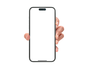 Close-up of a hand showing smartphone with a blank screen, isolated on transparent PNG. High quality studio shot. Concept for technology, business, finance, advertising and lifestyle themes.