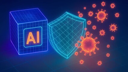 Futuristic glowing digital shield and cube providing virus protection, symbolizing advanced cybersecurity and health defense with artificial intelligence digital defense illustration - Powered by Adobe