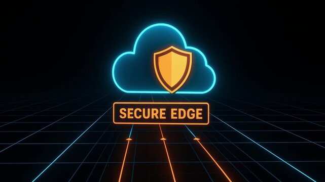 Secure edge cloud computing concept featuring glowing shield icon and digital grid background symbolizing data protection network security technology with futuristic neon style and data flow arrows