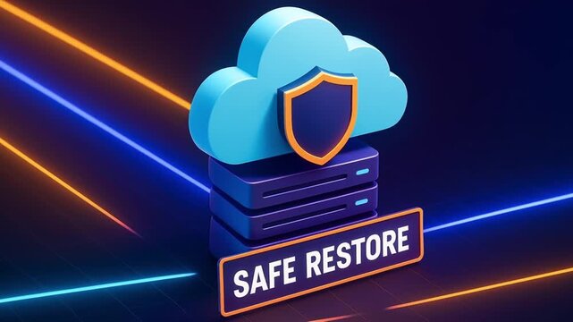 Safe restore concept with cloud storage and shield icon symbolizing data protection, secure backup, and digital security in neon light data center environment for reliable data recovery and protection