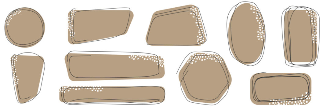 Organic frames collection with abstract brown shapes and doodle white dots. Hand drawn artistic design element for text box template aesthetic.