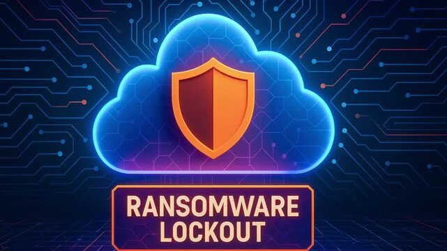 Ransomware lockout concept featuring glowing cloud and shield icon symbolizing cybersecurity protection digital data security and advanced technology in futuristic environment