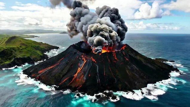 Volcanic Eruption in Ocean with Lava and Smoke.