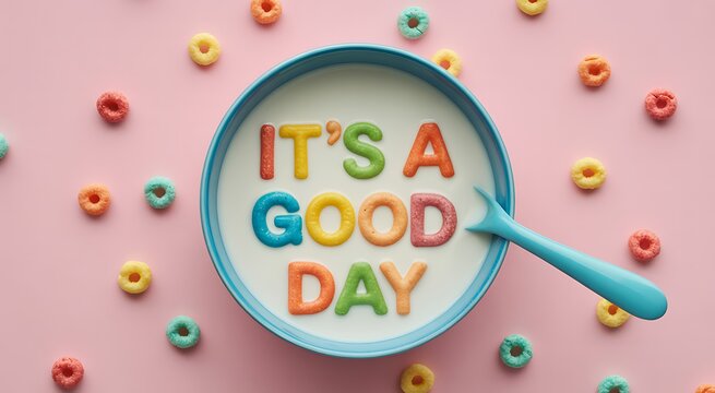 bowl of cereal with colorful letters spelling it's a good day surrounded by fruit loops on pink background