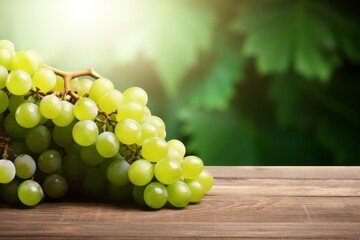 Ripe green grapes lie on a wooden table against a blurred vineyard backdrop, illuminated by sunlight