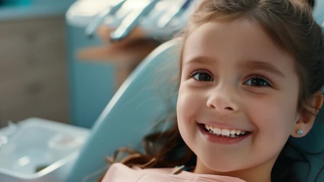 A young girl sits happily in a dentist's chair.