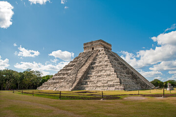 El Castillo pyramid standing in Chichen Itza, a UNESCO World Heritage site in Mexico, showcasing the enduring architecture of the ancient Mayan civilization under a clear blue sky